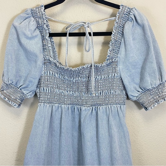 Altar’s State Denim Puff Sleeves Smocked Babydoll Mini Dress Size M - Picture 10 of 13